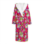 Pink Sugar Skull Pattern Print Hooded Bathrobe