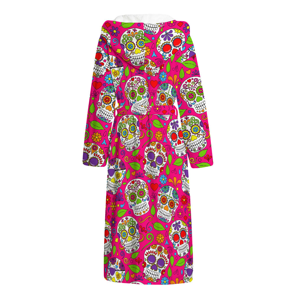 Pink Sugar Skull Pattern Print Hooded Bathrobe