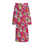 Pink Sugar Skull Pattern Print Hooded Bathrobe