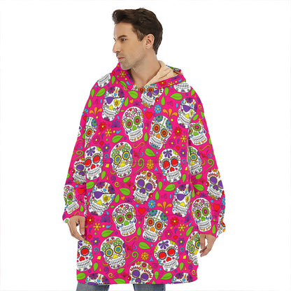 Pink Sugar Skull Pattern Print Hoodie Blanket