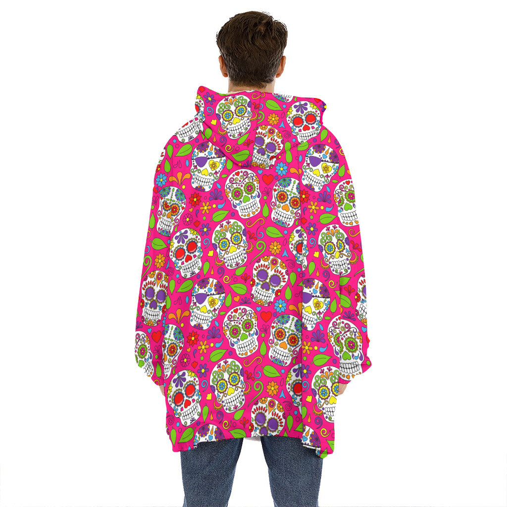 Pink Sugar Skull Pattern Print Hoodie Blanket