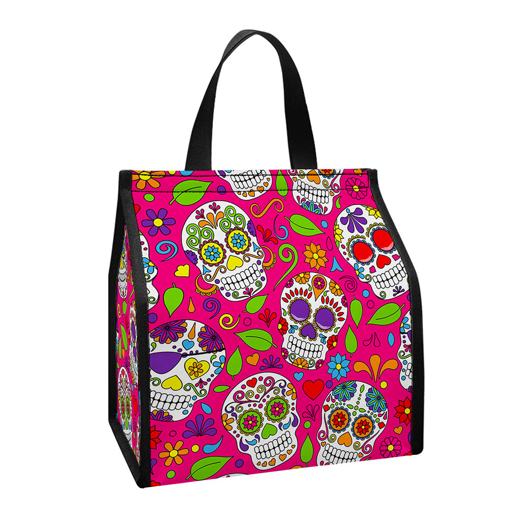 Pink Sugar Skull Pattern Print Insulated Lunch Tote