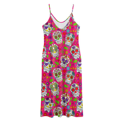 Pink Sugar Skull Pattern Print Jersey Midi Cami Dress