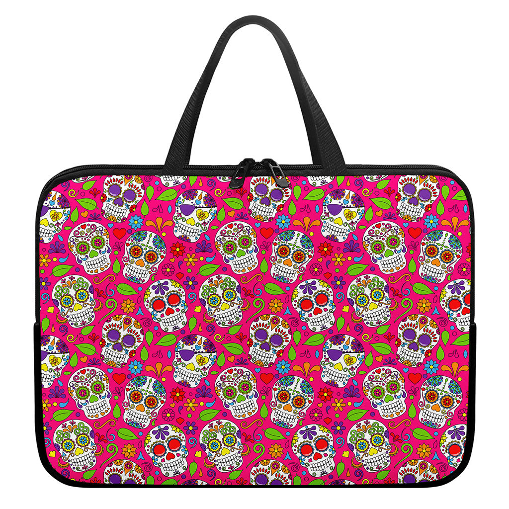 Pink Sugar Skull Pattern Print Laptop Sleeve With Handle