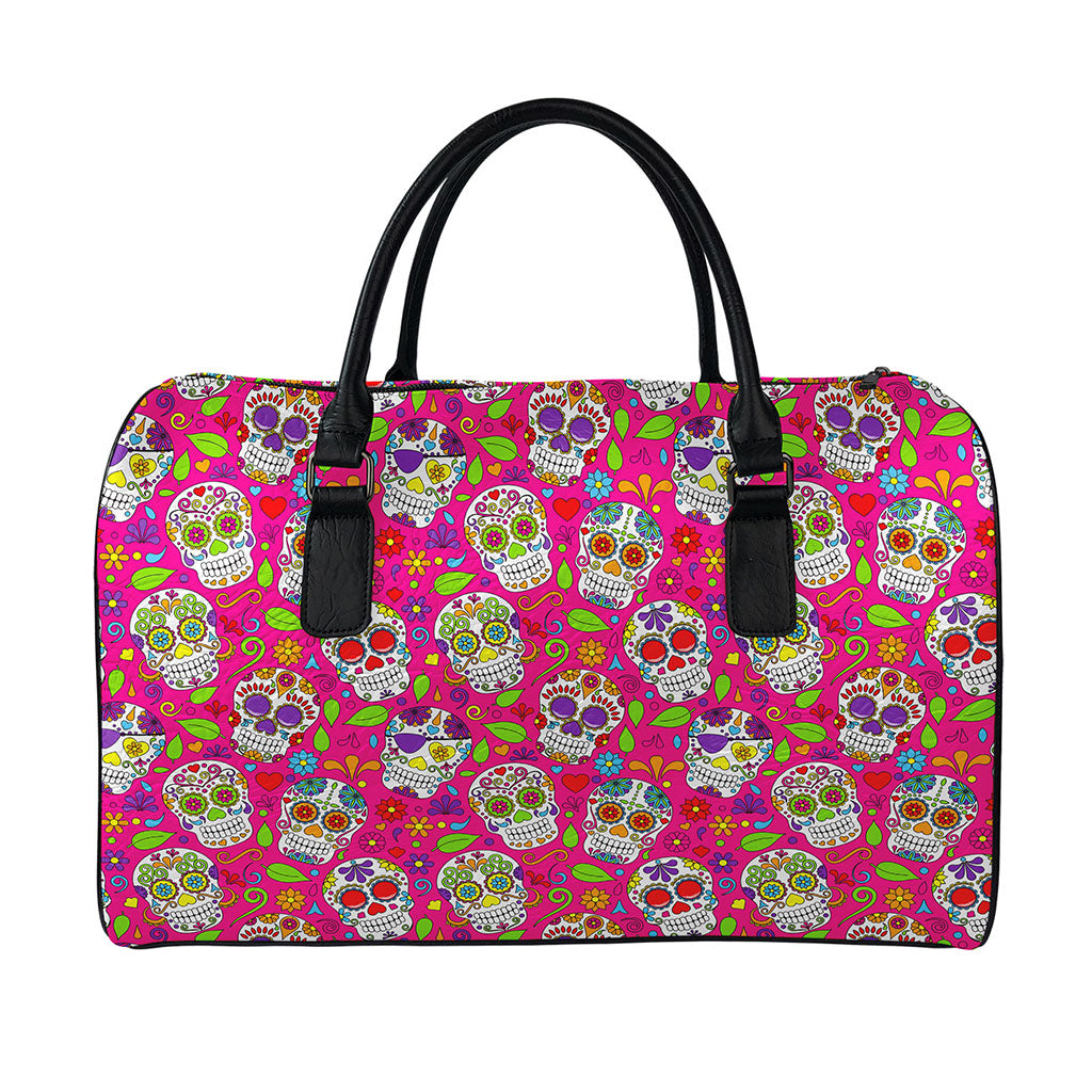 Pink Sugar Skull Pattern Print Leather Duffle Bag