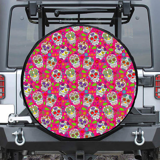 Pink Sugar Skull Pattern Print Leather Spare Tire Cover