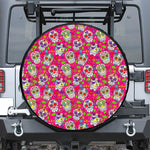 Pink Sugar Skull Pattern Print Leather Spare Tire Cover