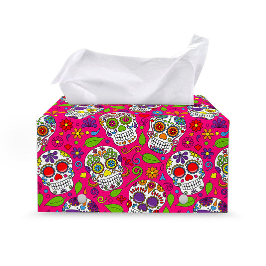 Pink Sugar Skull Pattern Print Leather Tissue Box Cover