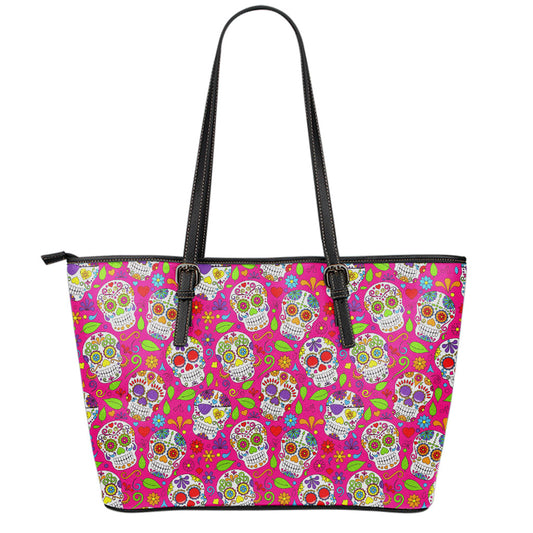 Pink Sugar Skull Pattern Print Leather Tote Bag