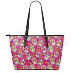 Pink Sugar Skull Pattern Print Leather Tote Bag