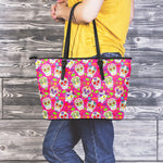 Pink Sugar Skull Pattern Print Leather Tote Bag