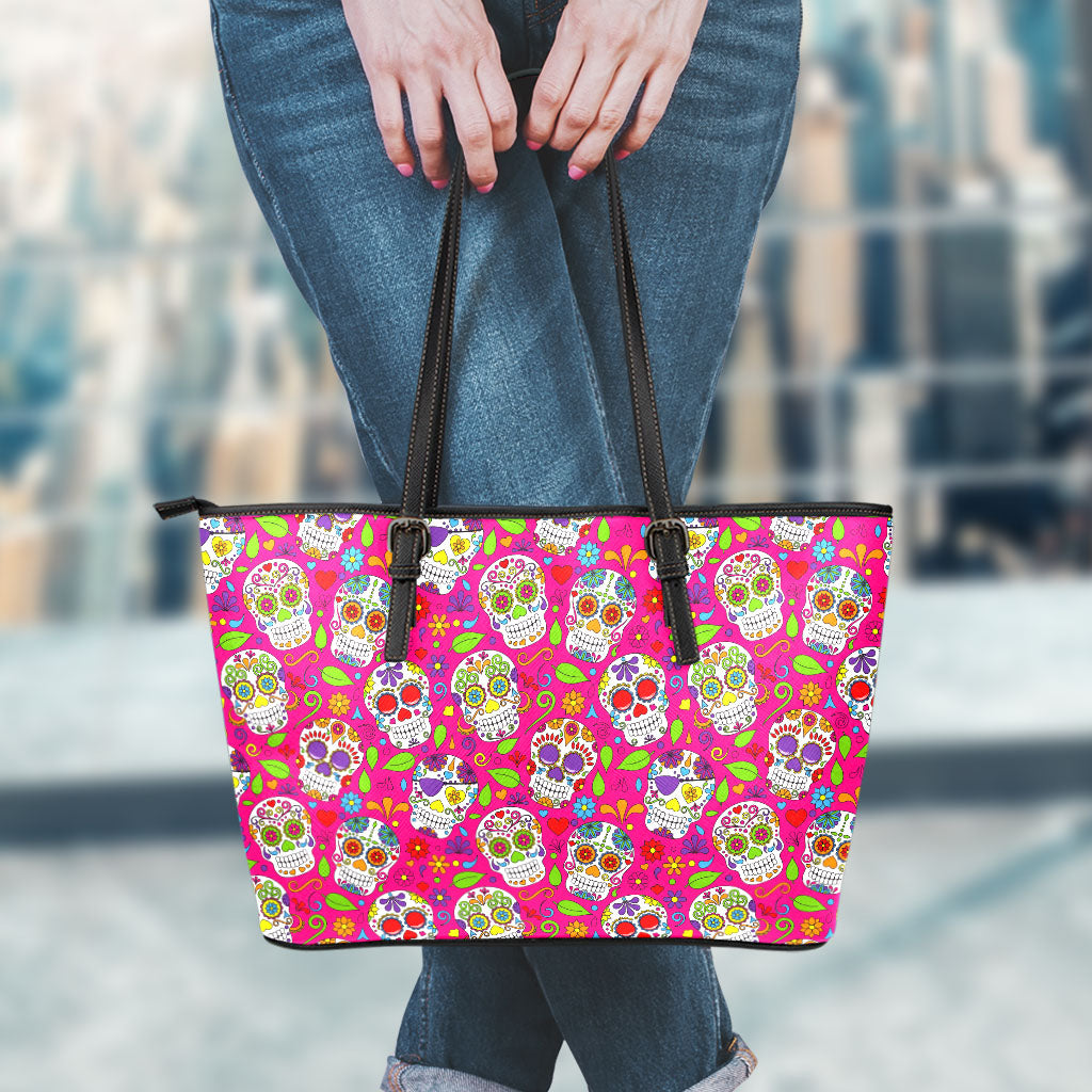 Pink Sugar Skull Pattern Print Leather Tote Bag