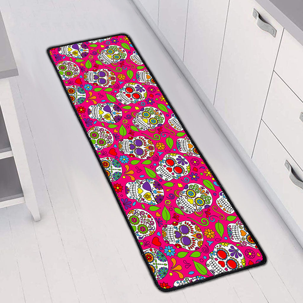 Pink Sugar Skull Pattern Print Long Kitchen Mat