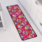 Pink Sugar Skull Pattern Print Long Kitchen Mat
