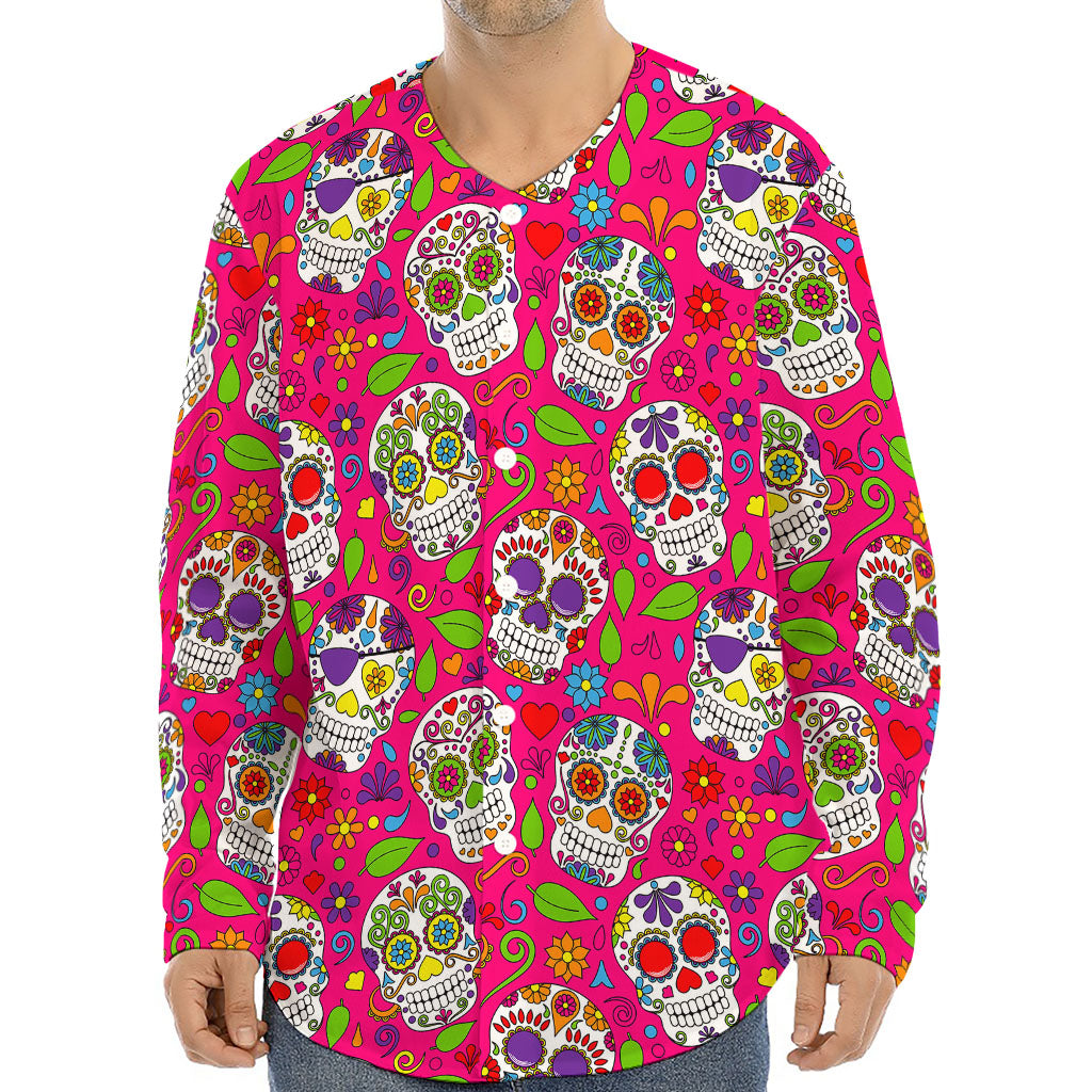 Pink Sugar Skull Pattern Print Long Sleeve Baseball Jersey