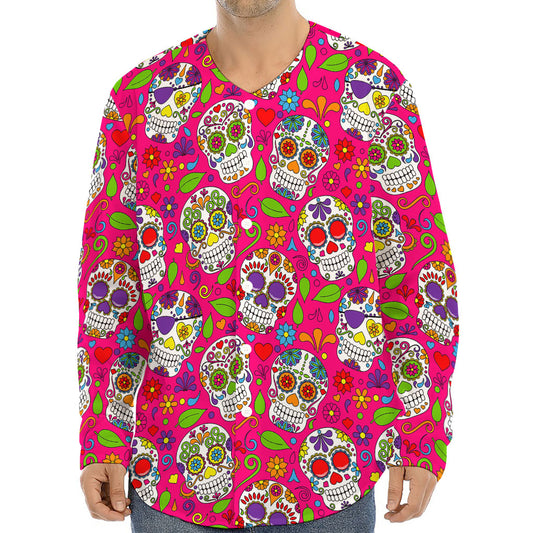 Pink Sugar Skull Pattern Print Long Sleeve Baseball Jersey