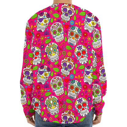 Pink Sugar Skull Pattern Print Long Sleeve Baseball Jersey