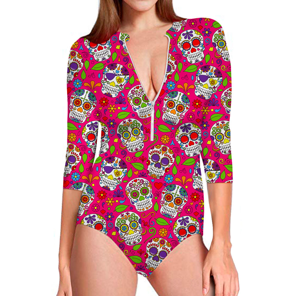 Pink Sugar Skull Pattern Print Long Sleeve Swimsuit