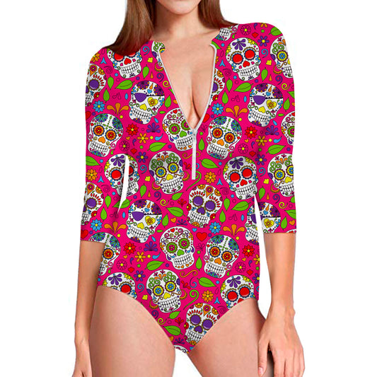 Pink Sugar Skull Pattern Print Long Sleeve Swimsuit