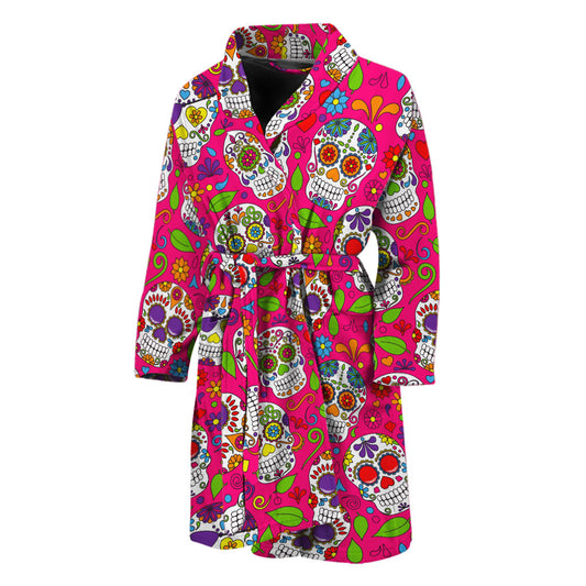 Pink Sugar Skull Pattern Print Men's Bathrobe