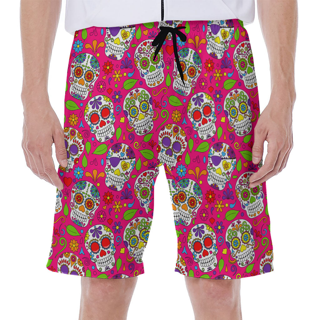 Pink Sugar Skull Pattern Print Men's Beach Shorts