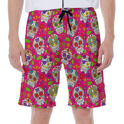 Pink Sugar Skull Pattern Print Men's Beach Shorts