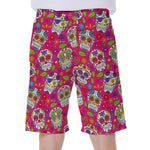 Pink Sugar Skull Pattern Print Men's Beach Shorts
