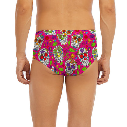 Pink Sugar Skull Pattern Print Men's Briefs