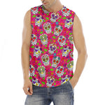 Pink Sugar Skull Pattern Print Men's Fitness Tank Top