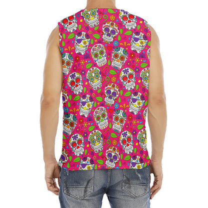 Pink Sugar Skull Pattern Print Men's Fitness Tank Top