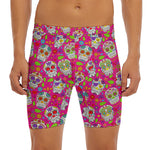 Pink Sugar Skull Pattern Print Men's Long Boxer Briefs