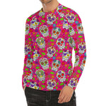 Pink Sugar Skull Pattern Print Men's Long Sleeve Rash Guard