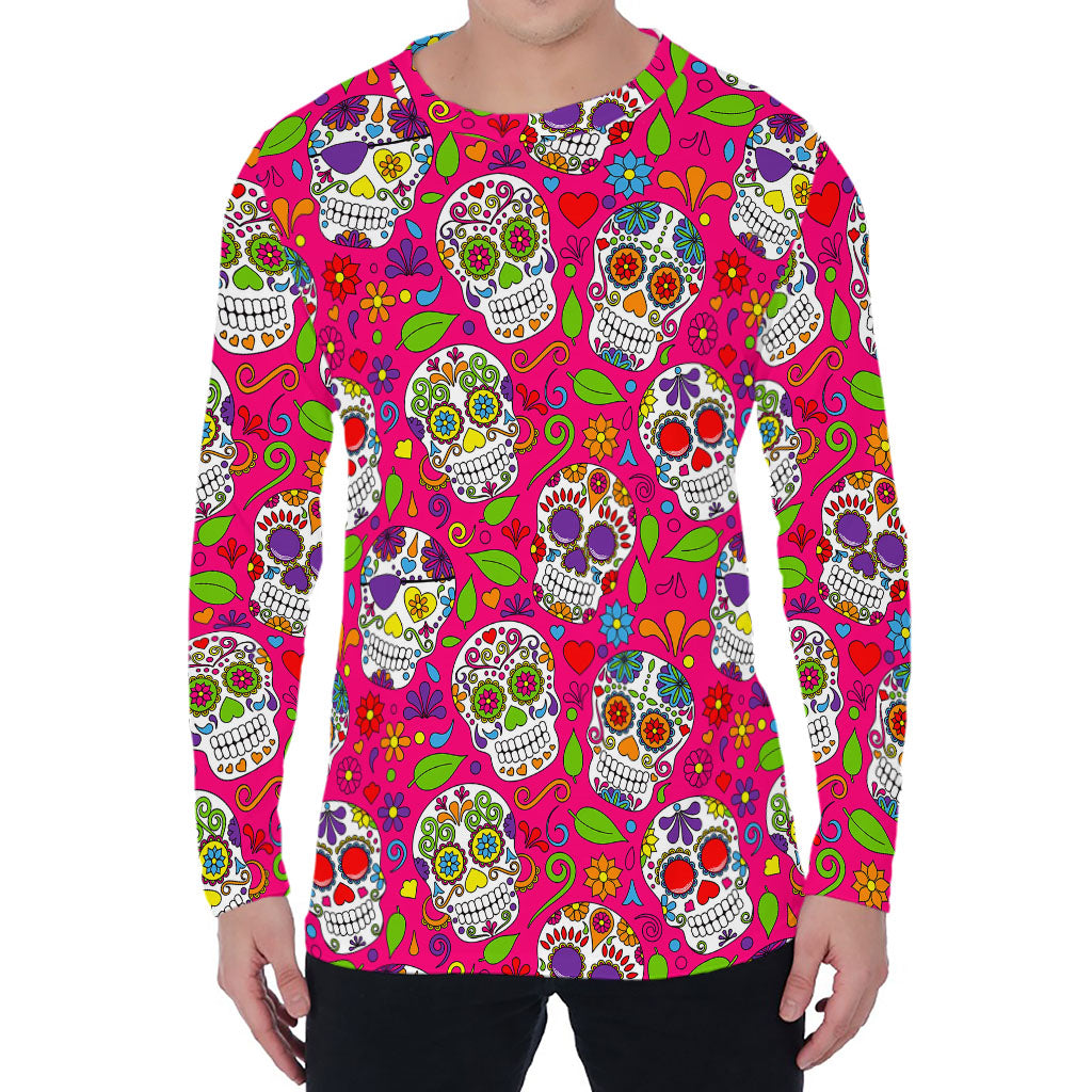 Pink Sugar Skull Pattern Print Men's Long Sleeve T-Shirt