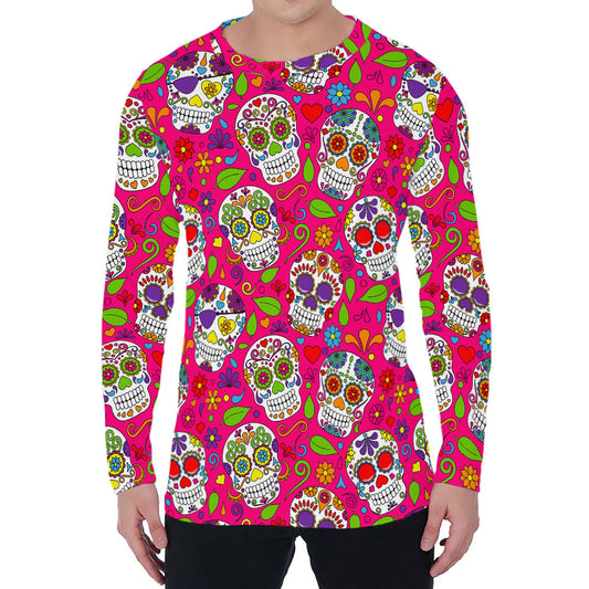Pink Sugar Skull Pattern Print Men's Long Sleeve T-Shirt