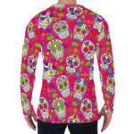 Pink Sugar Skull Pattern Print Men's Long Sleeve T-Shirt
