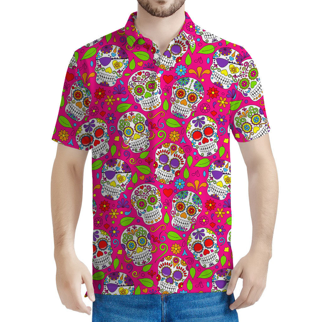 Pink Sugar Skull Pattern Print Men's Polo Shirt
