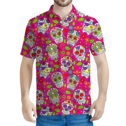 Pink Sugar Skull Pattern Print Men's Polo Shirt