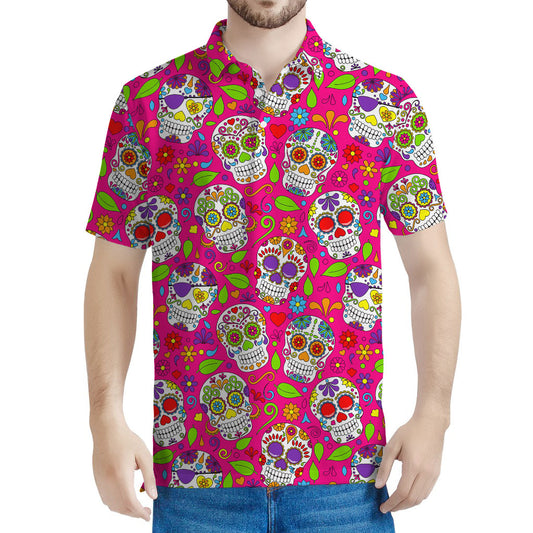 Pink Sugar Skull Pattern Print Men's Polo Shirt