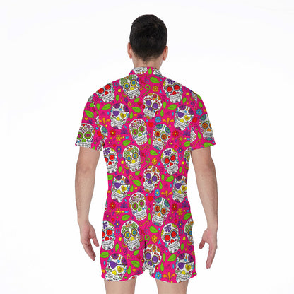 Pink Sugar Skull Pattern Print Men's Rompers