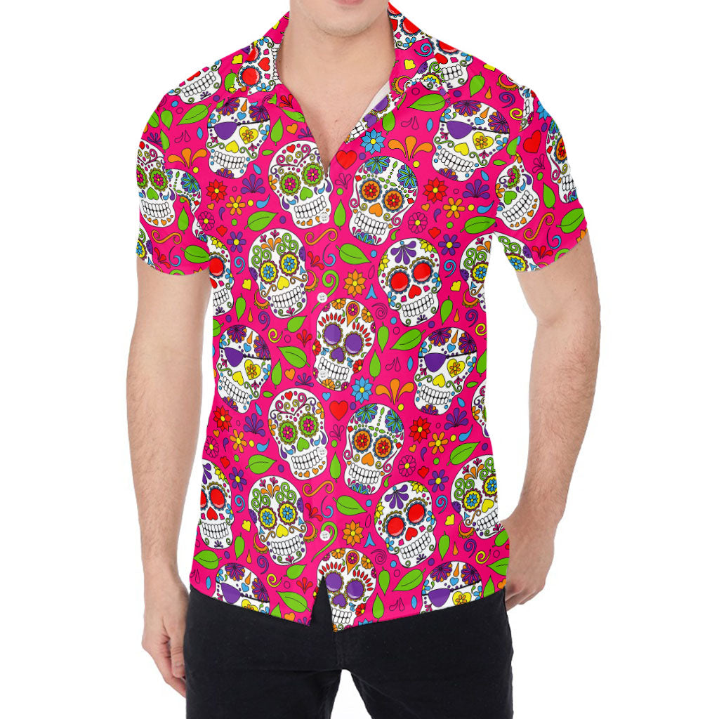 Pink Sugar Skull Pattern Print Men's Shirt