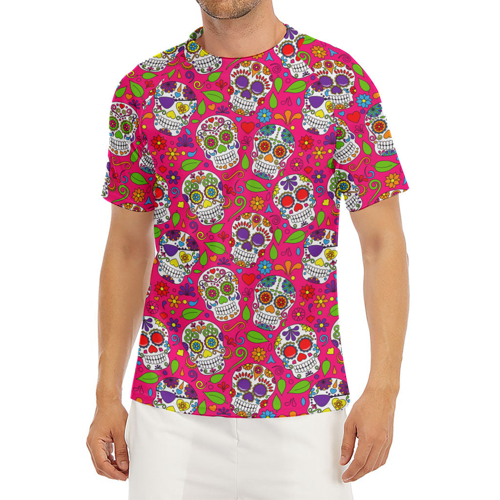 Pink Sugar Skull Pattern Print Men's Short Sleeve Rash Guard