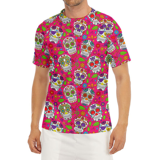 Pink Sugar Skull Pattern Print Men's Short Sleeve Rash Guard