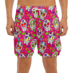 Pink Sugar Skull Pattern Print Men's Split Running Shorts