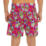 Pink Sugar Skull Pattern Print Men's Split Running Shorts