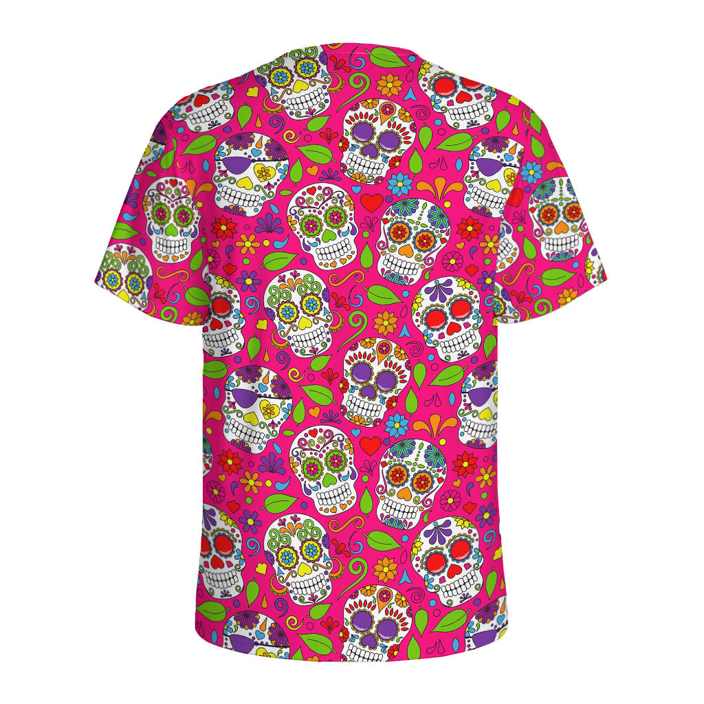 Pink Sugar Skull Pattern Print Men's Sports T-Shirt