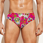 Pink Sugar Skull Pattern Print Men's Swim Briefs