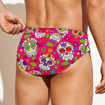 Pink Sugar Skull Pattern Print Men's Swim Briefs