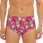 Pink Sugar Skull Pattern Print Men's Triangle Swim Briefs
