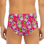 Pink Sugar Skull Pattern Print Men's Triangle Swim Briefs
