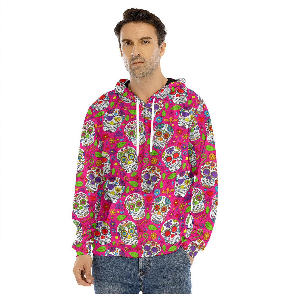 Pink Sugar Skull Pattern Print Men's Velvet Pullover Hoodie